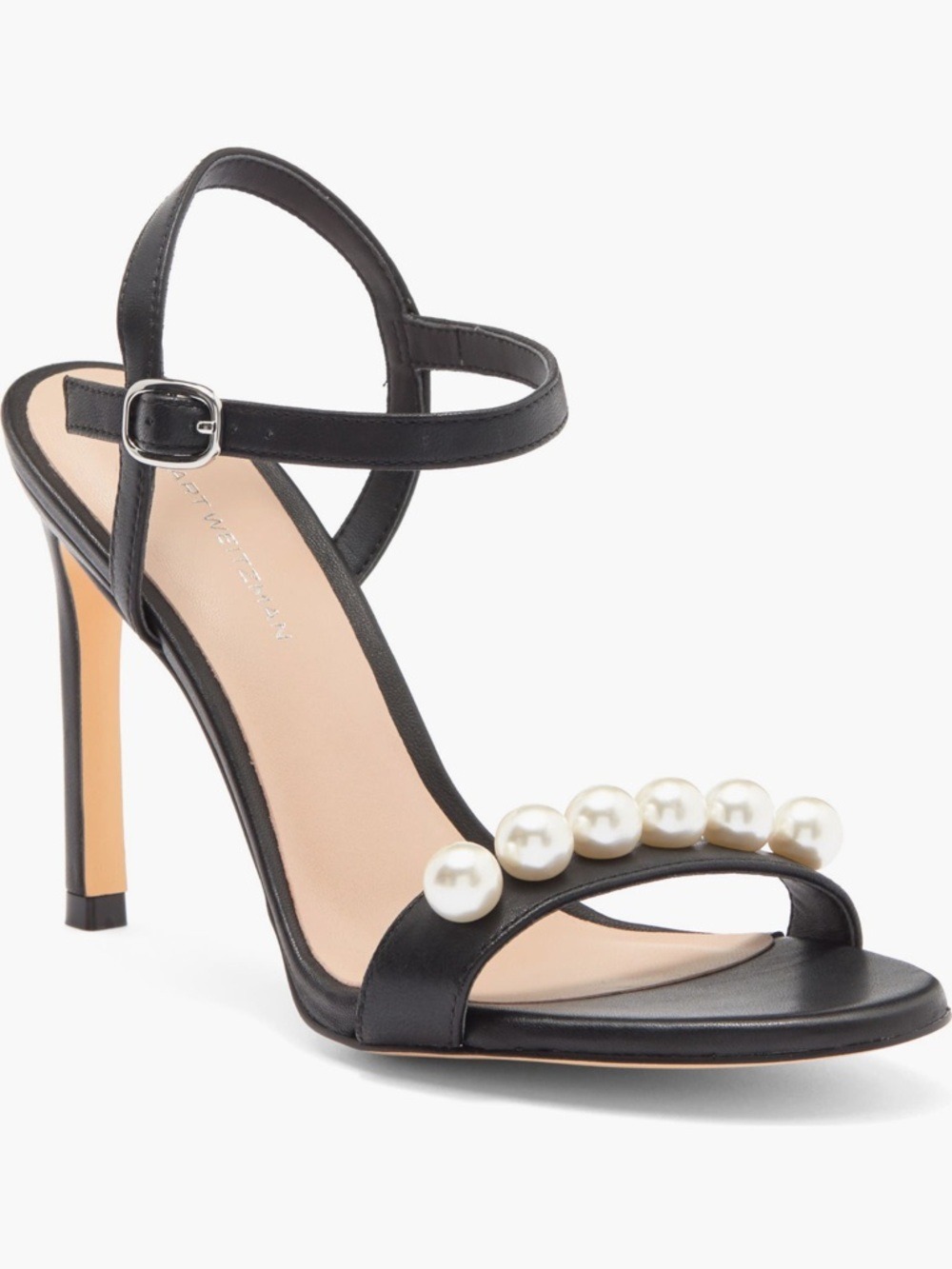 Stuart Weitzman Pearl-Accented Black Leather Ankle-Strap Sandals | size 5.5